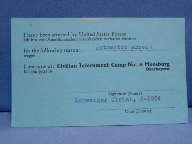 Original Late WWII/Early Postwar US Military Civilian Arrest Form, Civilian Internment Camp 6