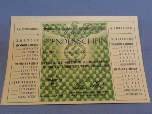 Original WWII German Clothing Donation Form, SPENDENSCHEIN