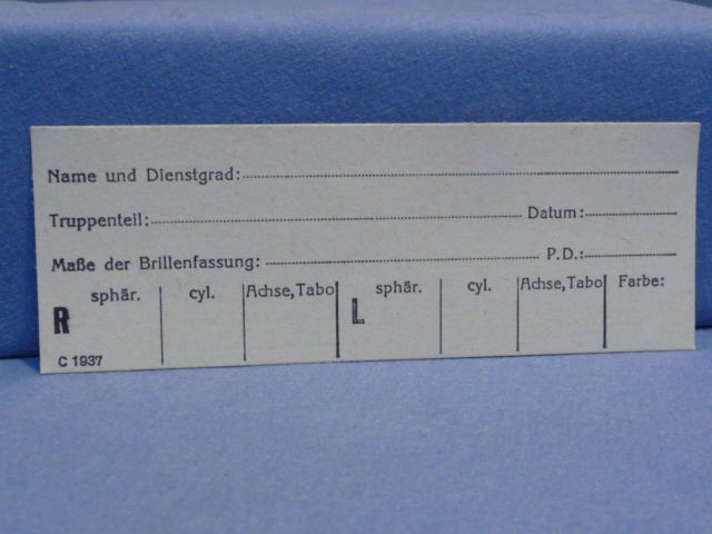 Original WWII German Military Eye Glasses Prescription Card, UNUSED