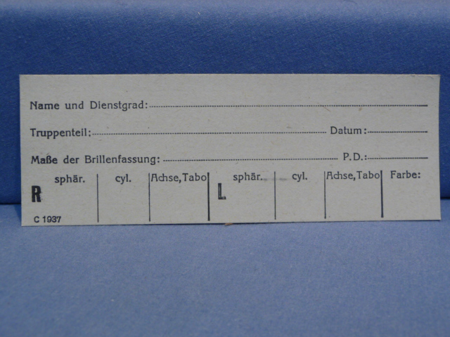 Original WWII German Military Eye Glasses Prescription Card, UNUSED