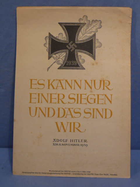 Original WWII German NSDAP 1939 Iron Cross Poster, HITLER Quote