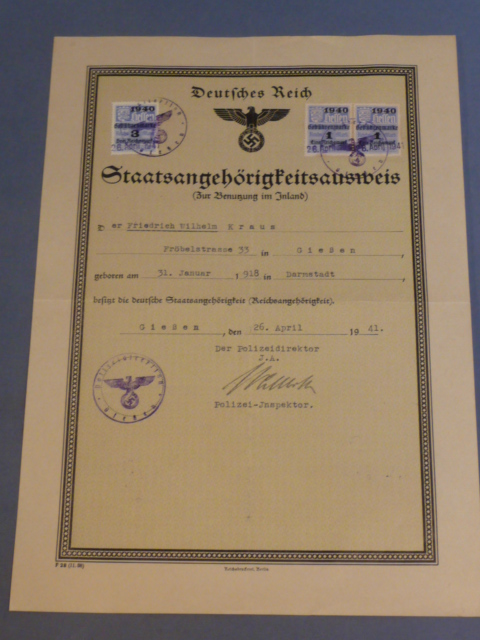 Original WWII German Citizenship ID (For Domestic Use) Document, Staatsangeh�rigkeitsausweis