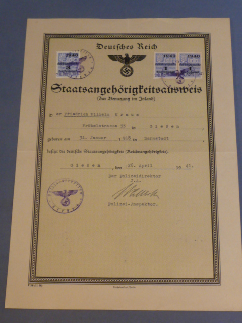Original WWII German Citizenship ID (For Domestic Use) Document, Staatsangehrigkeitsausweis