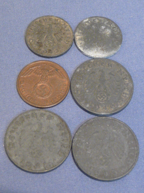 Original Nazi Era German Reichspfennig Coins, Set of 6