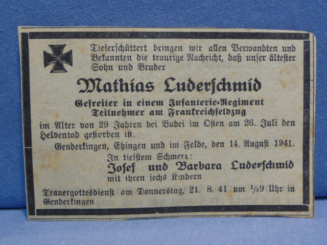 Original WWII German Soldier's Newspaper Death Notice, French Campaign