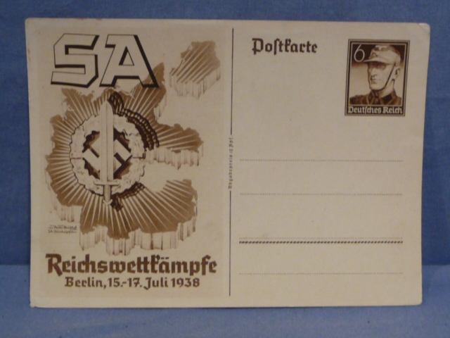 Original Nazi Era German Propaganda Themed Postcard, SA Sports Badge