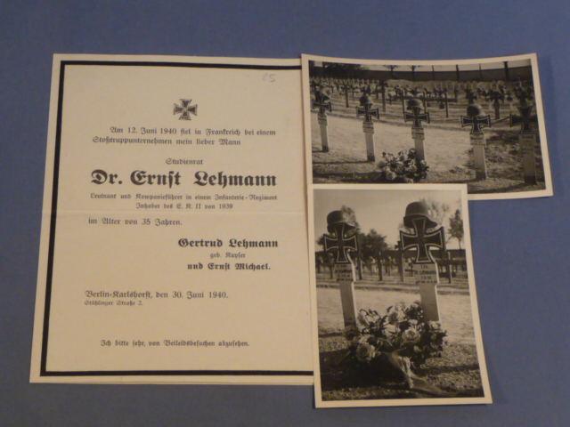 Original WWII German Death Announcement and Grave Photos Lot, Dr. Ernst Lehmenn