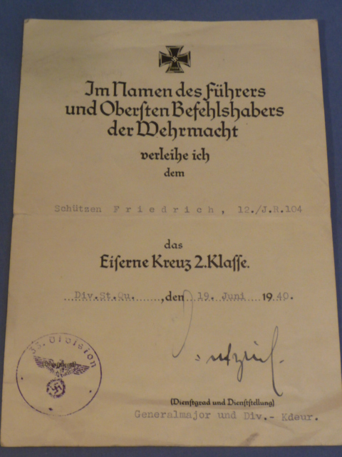 Original WWII German 1939 Iron Cross 2nd Class Award Document