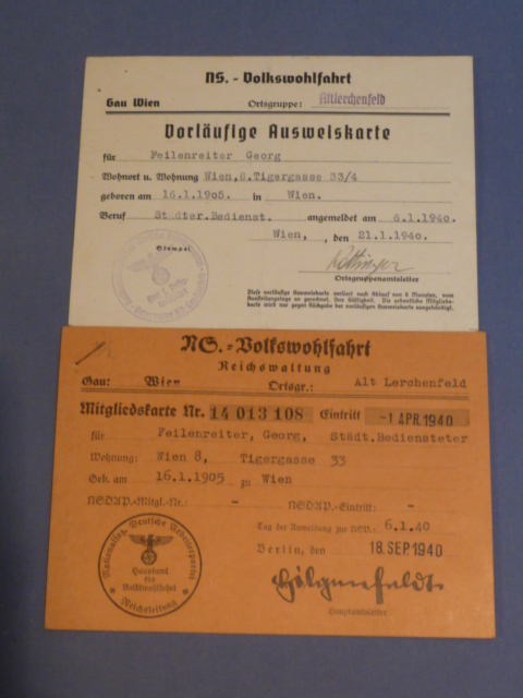 Original WWII German NSDAP Public Welfare Cards Set
