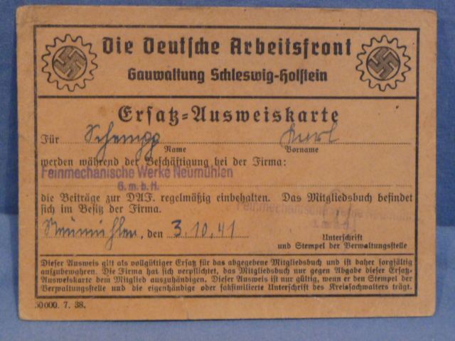 Original WWII German DAF Replacement ID Card, Ersatz-Ausweiskarte