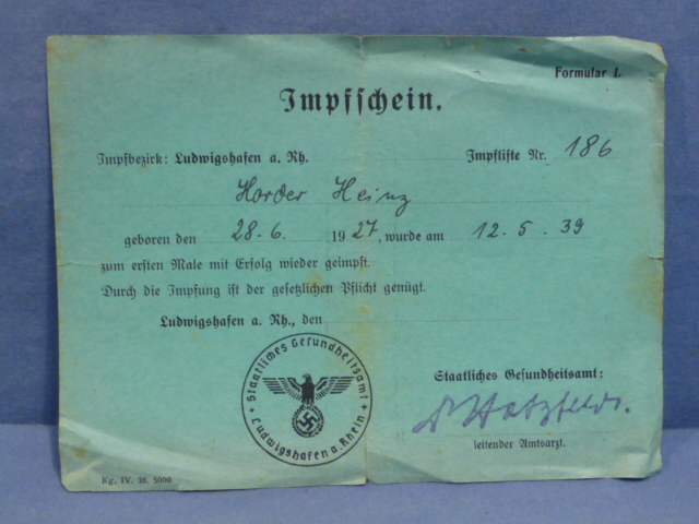 Original 1939 German Vaccination Certificate, Impfschein