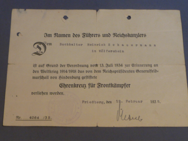 Original 1935 German Combatants 1914-1918 Honor Cross (Hindenburg Cross) Award Document