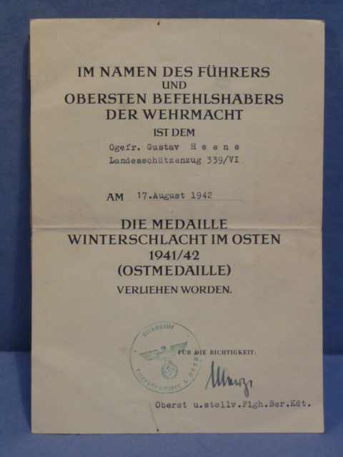 HOLD! Original WWII German Home Guard Soldier's Russian Front Medal Award Document