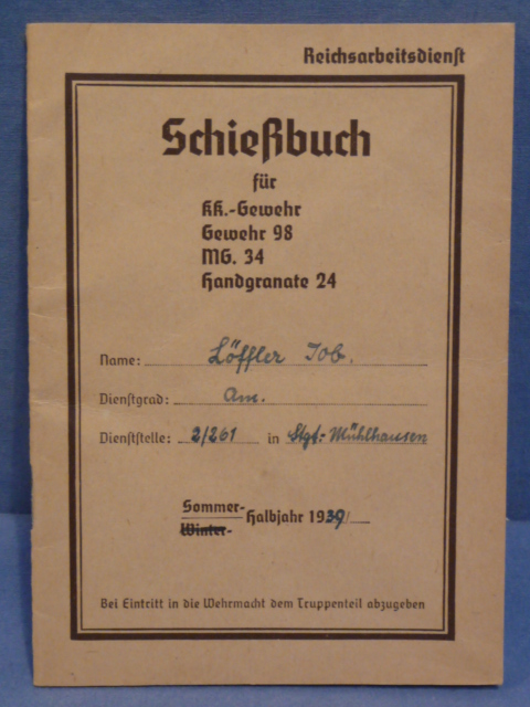 Original Nazi Era German Reichsarbeitsdienst (RAD) Shooting Book, Schießbuch