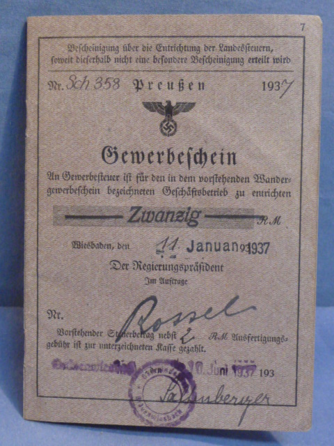 Original 1937 German Trade License & Traveling Trade License, Gewerbeschein/Wandergewerbeschein