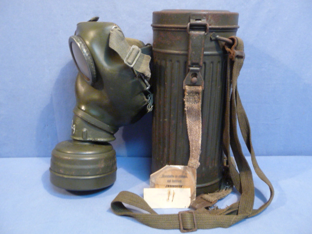 HOLD! Original WWII German Soldier's Gas Mask Set, Can, Mask, Lenses & Filter