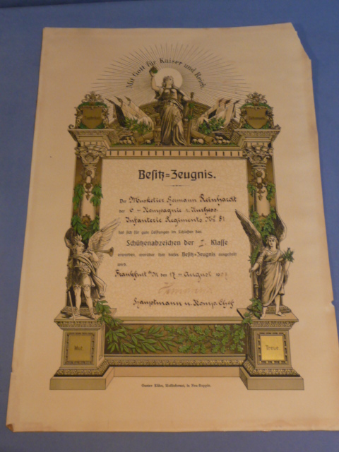 Original 1907 German Shooting Award 1st Class Certificate, Infantry Regiment 81