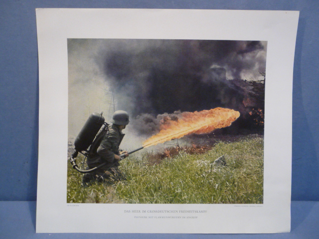 Original WWII German Military Themed Color Print, Pionier with Flamethrower Attacking