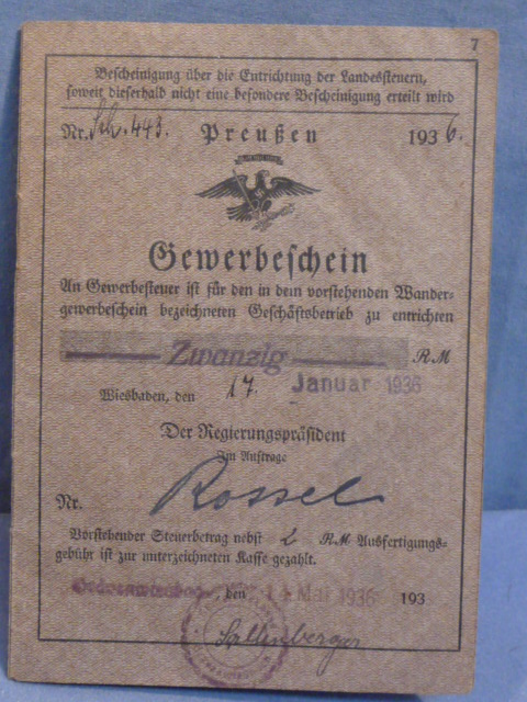 Original 1936 German Trade License & Traveling Trade License, Gewerbeschein/Wandergewerbeschein