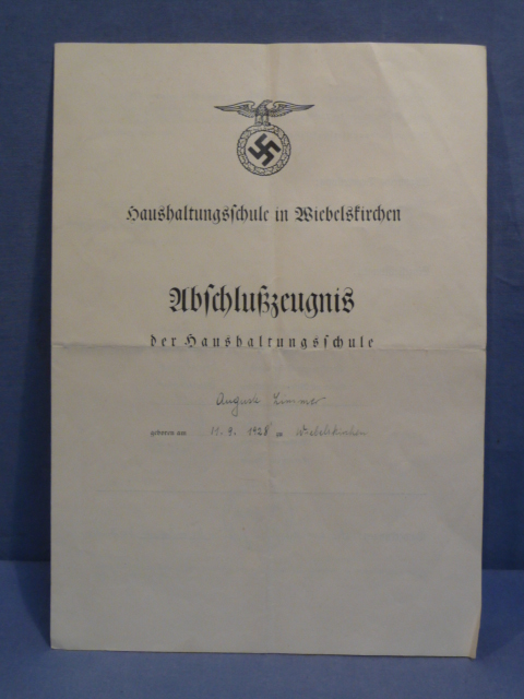 Original WWII German Graduation Certificate from the Household School Wiebelskirchen