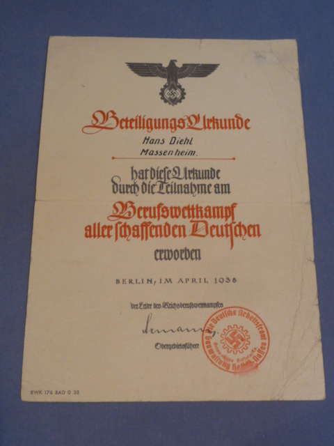 Original 1938 German HJ/DAF Participation Certificate for the Reich Professional Competition