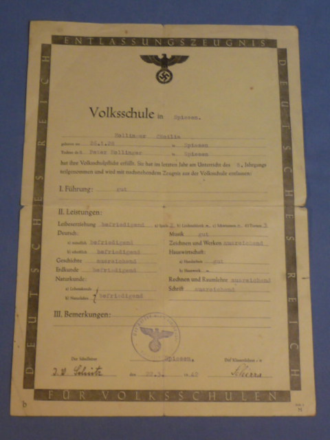 Original WWII German People's School Certificate of Discharge, Entlassungszeugnis