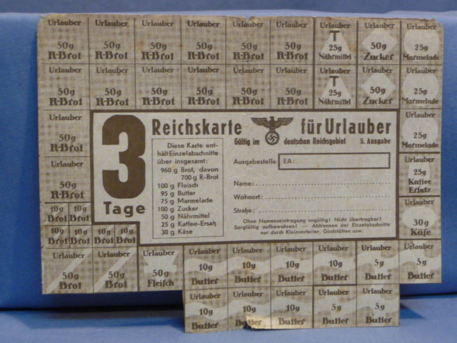 Original WWII German Military Issued Ration Card for Soldiers on Leave, 3 Days