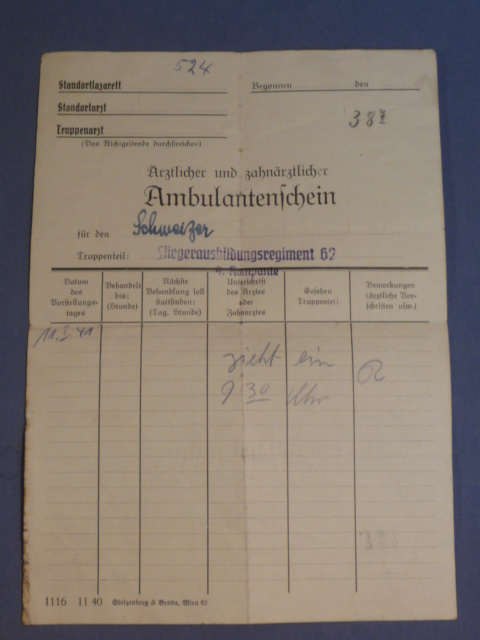 Original WWII German Medical & Dental Outpatient Certificate to LW Flyer, Ambulantenschein