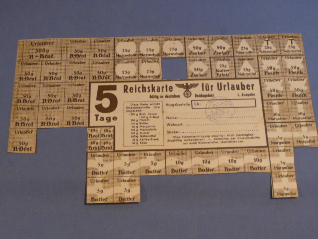 Original WWII German Military Issued Ration Card for Soldiers on Leave, 5 Days