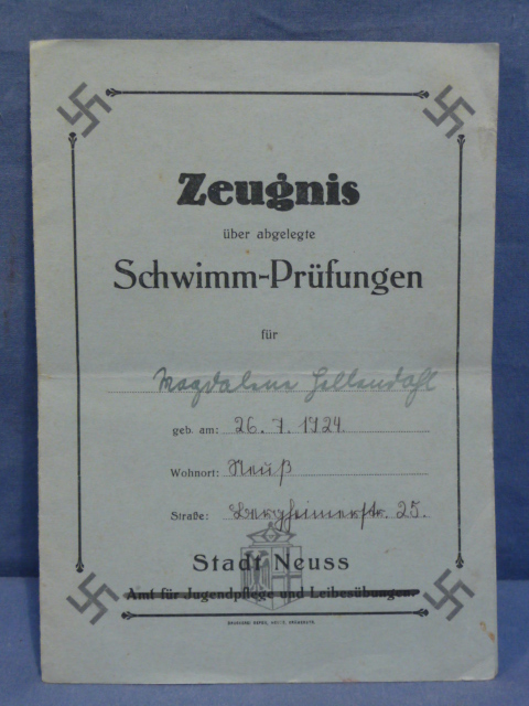 Original 1938 German Certificate of Passed Swimming Exams, Schwimm-Pr�fungen