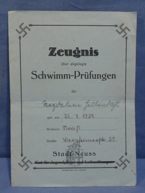Original 1938 German Certificate of Passed Swimming Exams, Schwimm-Prfungen