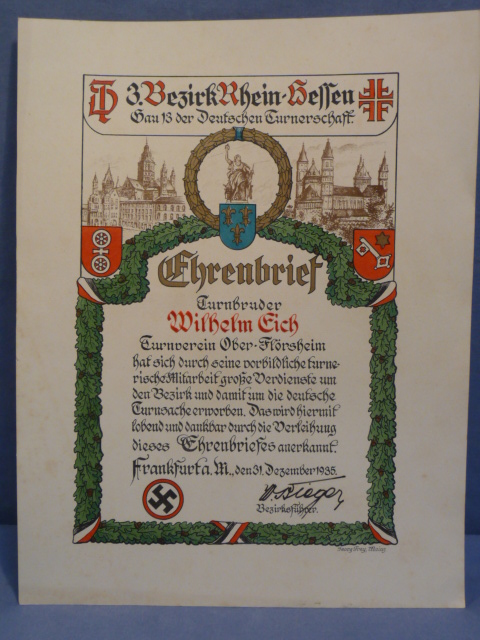 Original 1935 German Gymnastics Letter of Honor, Ehrenbrief
