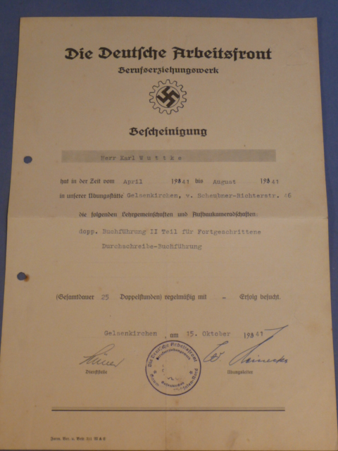 Original WWII German DAF Vocational Education Certificate, Bookkeeping for Advanced Learners