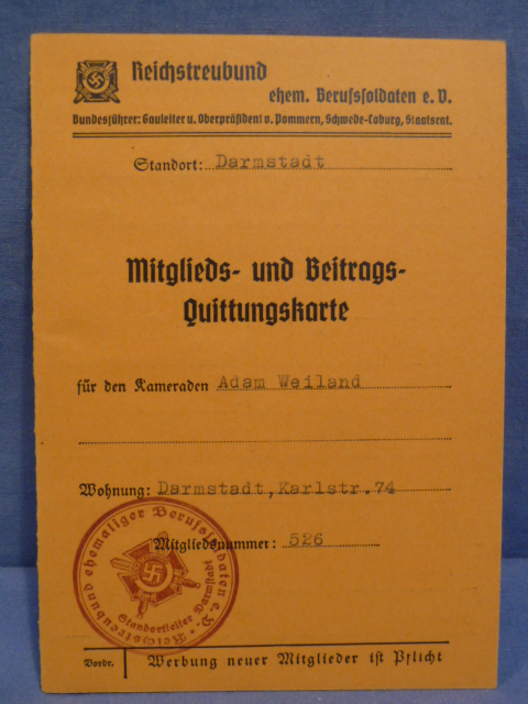 Original 1938 German Reichstreubund ID and Dues Card, Mitglieds und Beitrags Quittungskarte