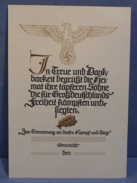 Original WWII German Document Recognizing Soldier's Service, UNUSED