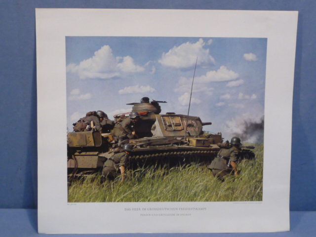 Original WWII German Military Themed Color Print, TANK AND GRENADIERS ON THE ATTACK