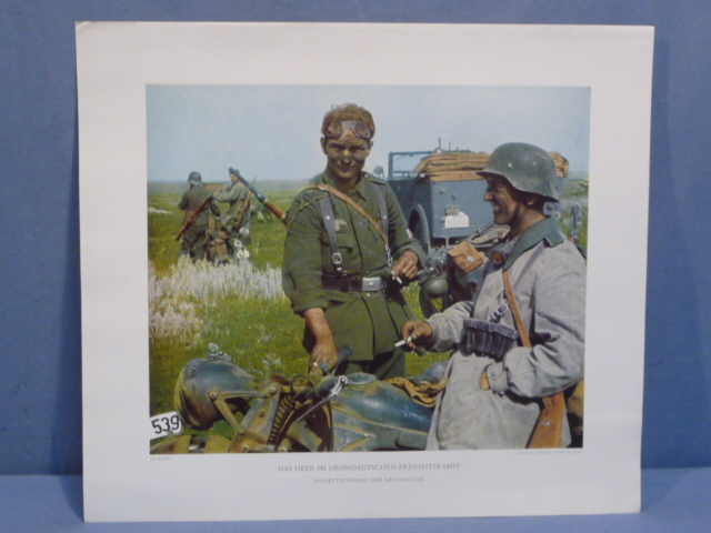 Original WWII German Military Themed Color Print, Cigarette Break for the Motorcyclists