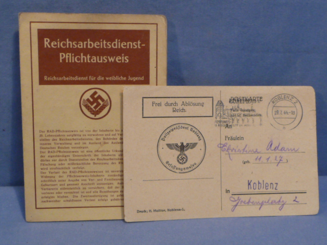 Original WWII German Female RAD Call-Up Notice and ID Document.