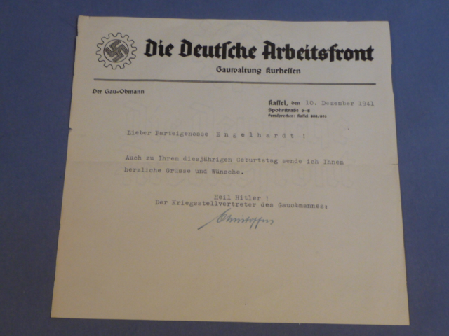 Original WWII German DAF Birthday Greetings from the War Deputy of the District Officer