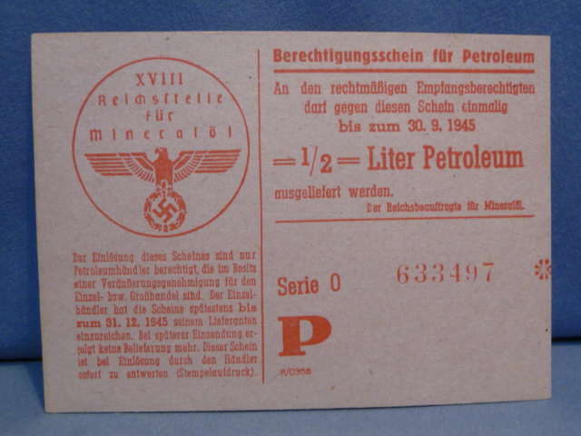 Original WWII German Permit for Petroleum, 1/2 Liter
