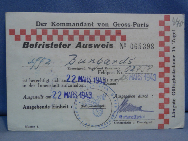 Original WWII German Temporary ID (Befristeter Ausweis), Issued by the Commander of Greater Paris