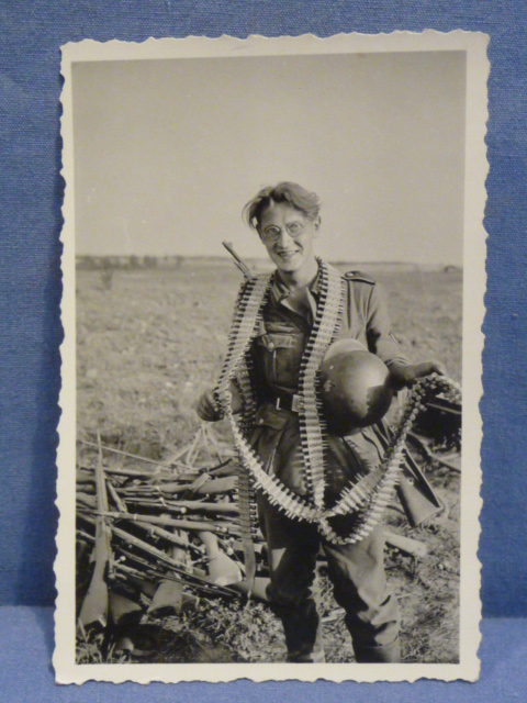 Original WWII German Soldier Photograph, Smiling with Belt of MG Ammunition