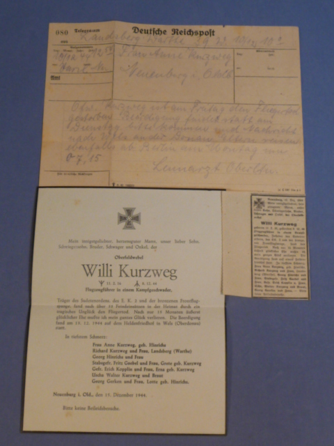 Original WWII German Documents Set to Fallen LW Sergeant Major Fighter Pilot