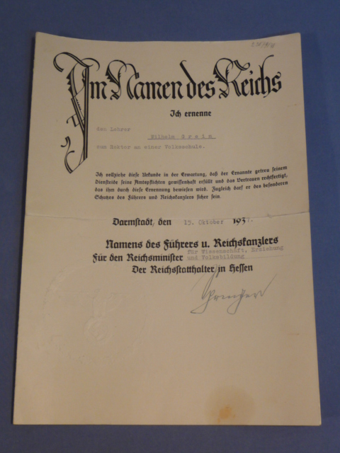 Original 1937 German Elementary School Rector's Promotion Document