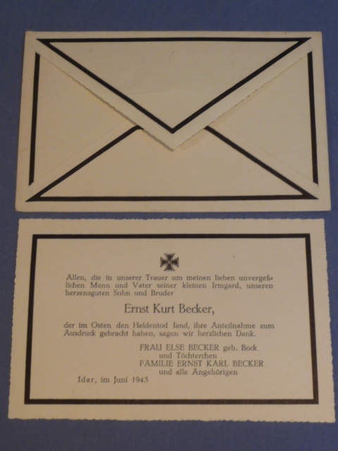 Original WWII German Sympathy Thank You Card w/Envelope, Fallen Soldier