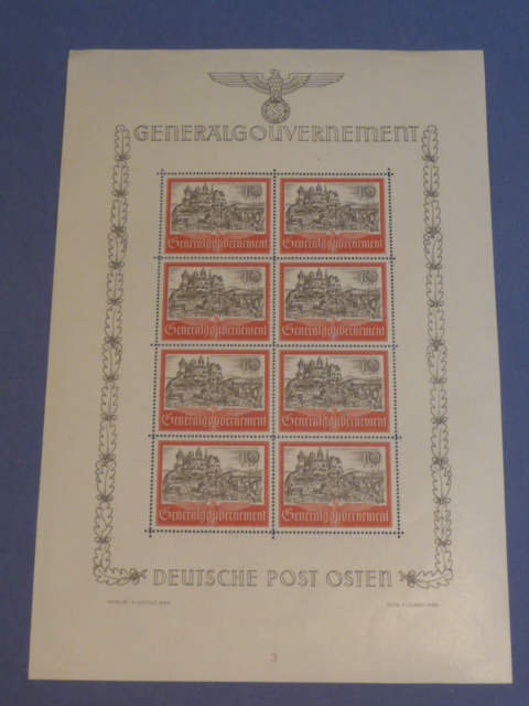 Original Nazi Era German General Government Special Stamps Sheet, DEUTSCHE POST OSTEN