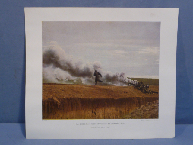 Original WWII German Military Themed Color Print, INFANTRY ON THE ATTACK