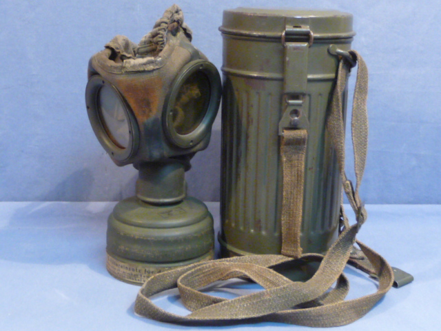 Original WWII German Luftschutz Personnel's Gas Mask Set, Can, Mask, Straps & Filter