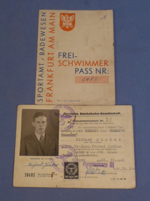 Original Nazi Era German Document Set, Free Swimming Pass & State Railroad ID