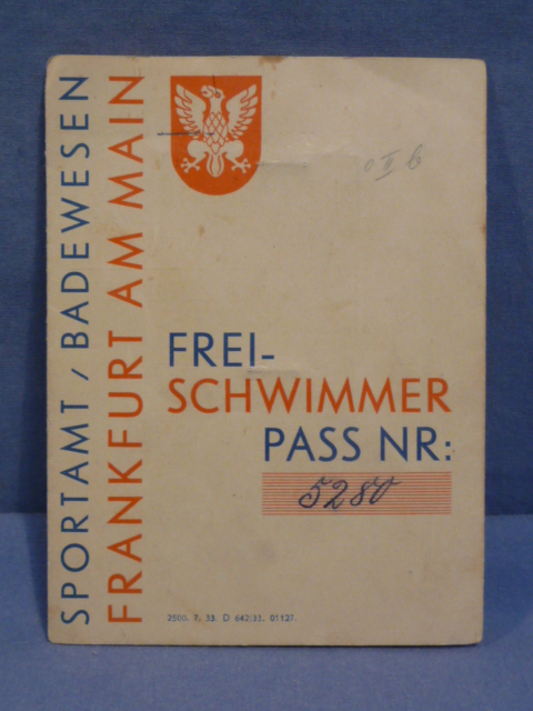 Original 1934 German FREE SWIMMING PASS, FREI SCHWIMMER PASS